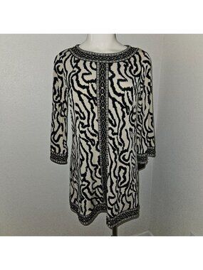 Alfani Petite Brown Black Print Tunic Top Gold Beaded (never worn/missing beads)